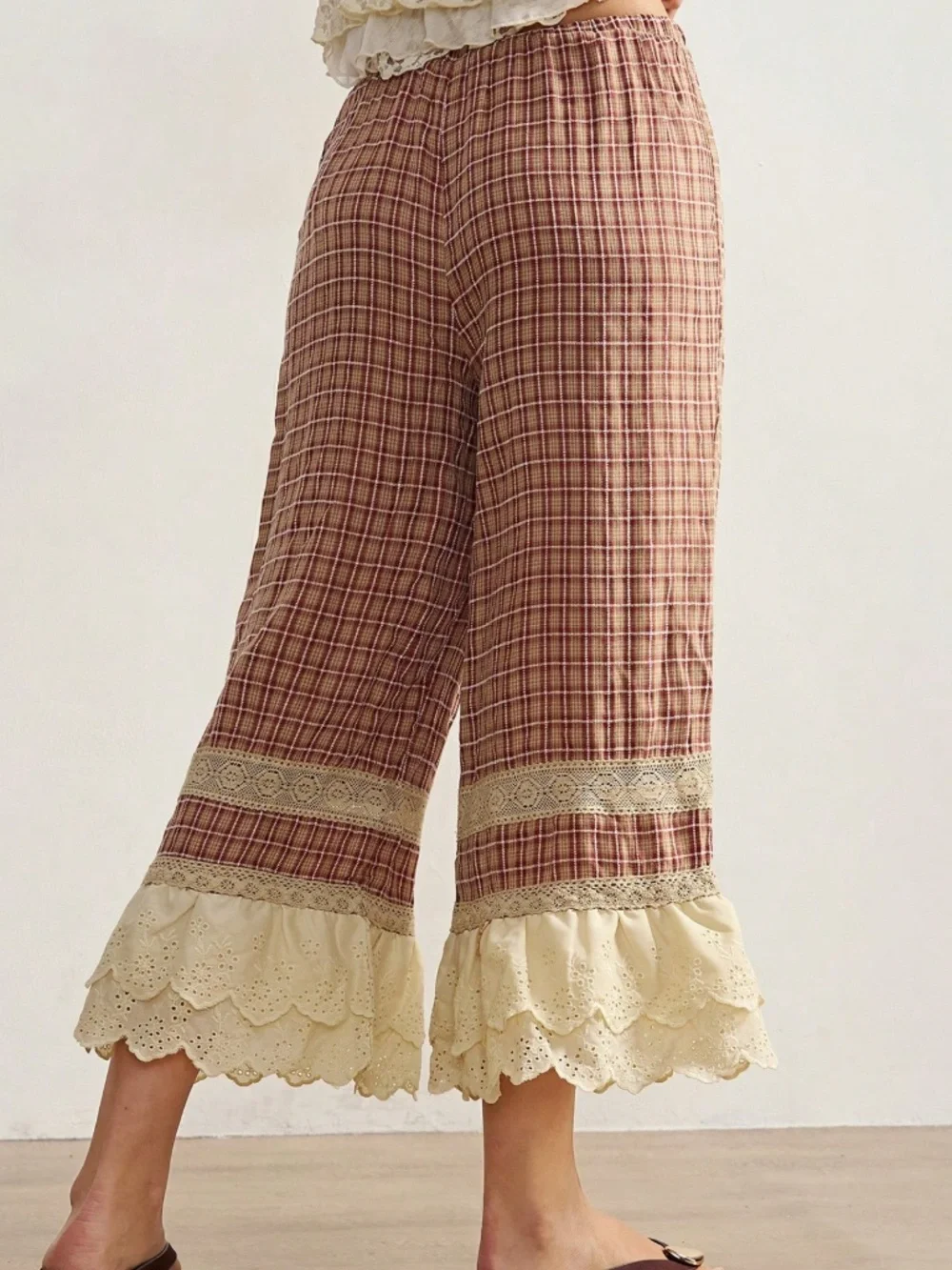 Boho Plaid print Eyelet Double Ruffe Stretchy Waist Bloomer Pants - Picture 2 of 4